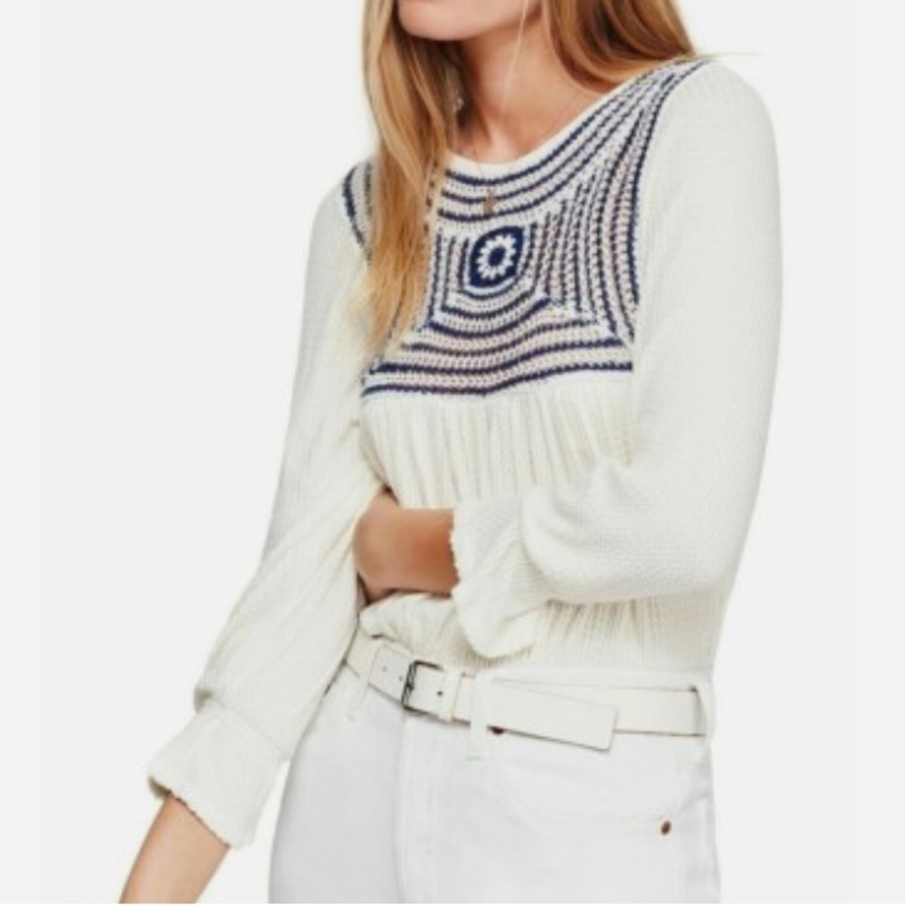 Free People White and Blue Crochet Detail Women's Top